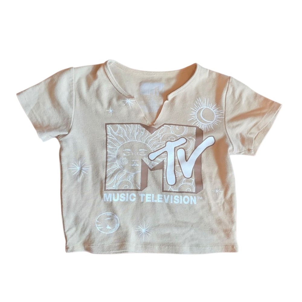 MTV Graphic T-Shirt Y2K Style Short Sleeve Crop Top Beige Small Yellow Crop top
